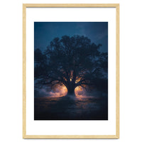 Ancient Mystical Oak Silhouette at Twilight with Ethereal Wisps