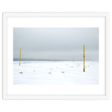 Seagulls in between the volleyball poles in winter snow beach thumbnail