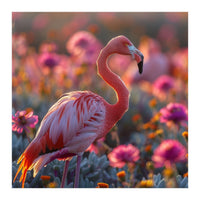 Pink Flamingo Standing In A Field Of Flowers (Print Only)