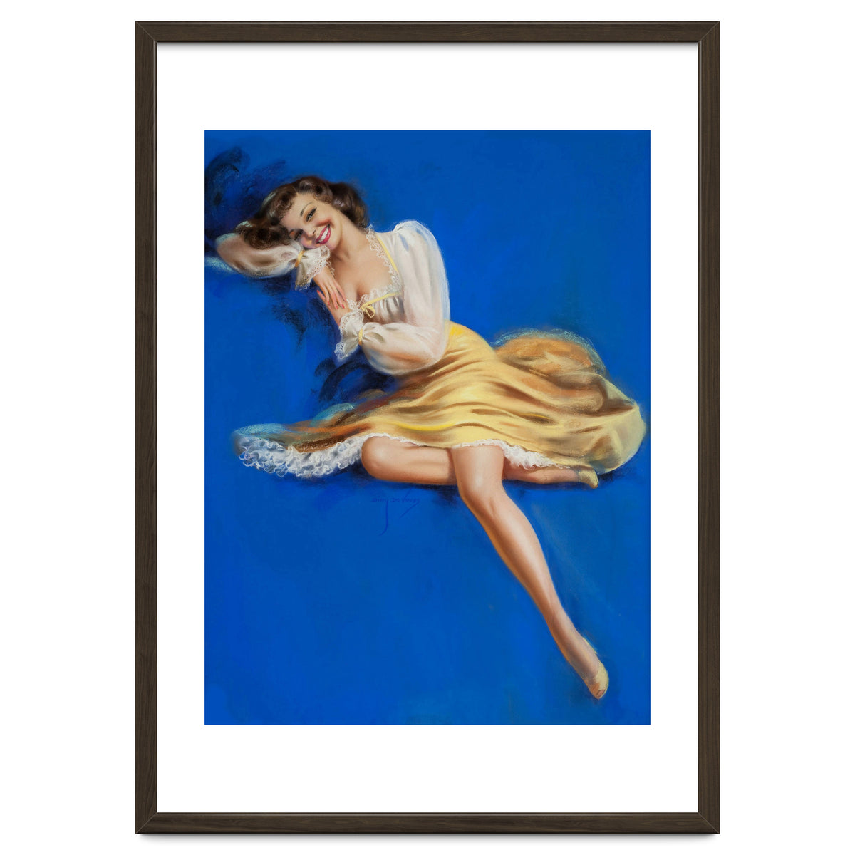 Pinup Girl Posing In Studio Over The Blue Background