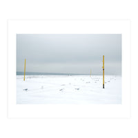 Seagulls in between the volleyball poles in winter snow beach (Print Only)