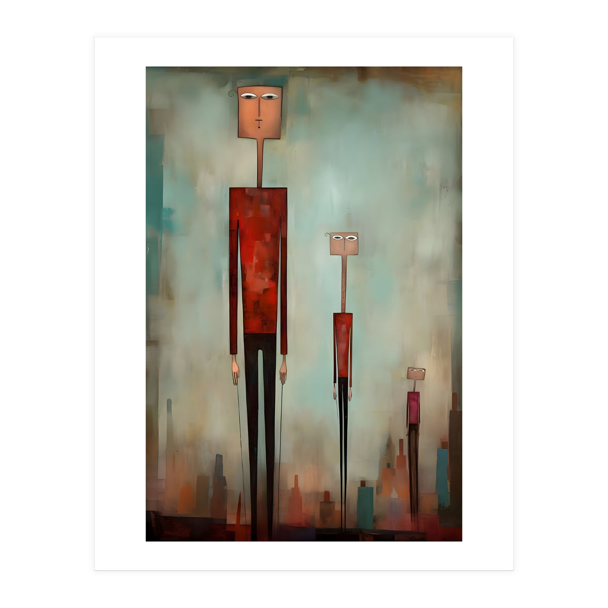 CITY HEIGHTS, three human-like forms of differing heights loom over the city below. (Print Only)