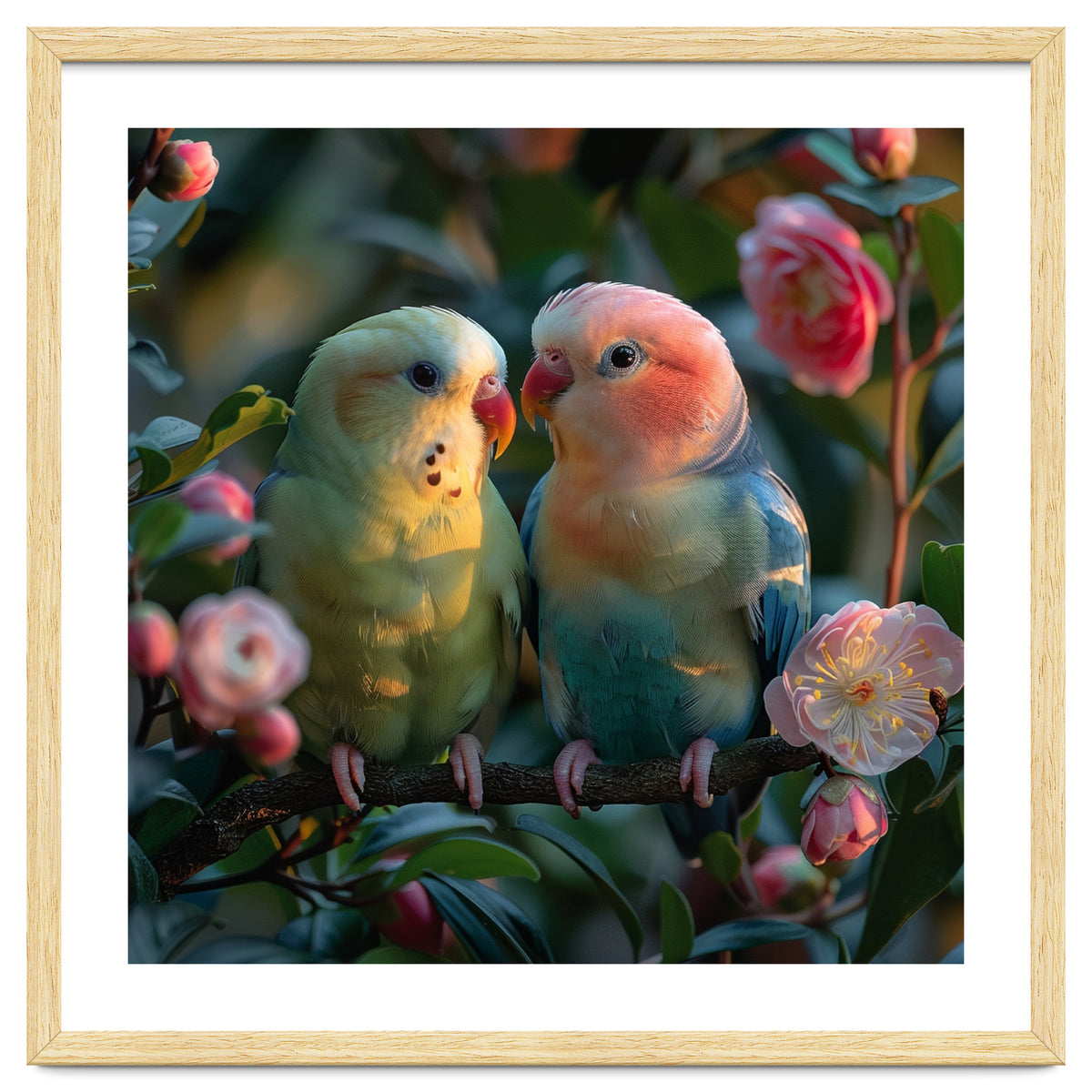 Two Lovebirds Perched On A Branch Near Flowers