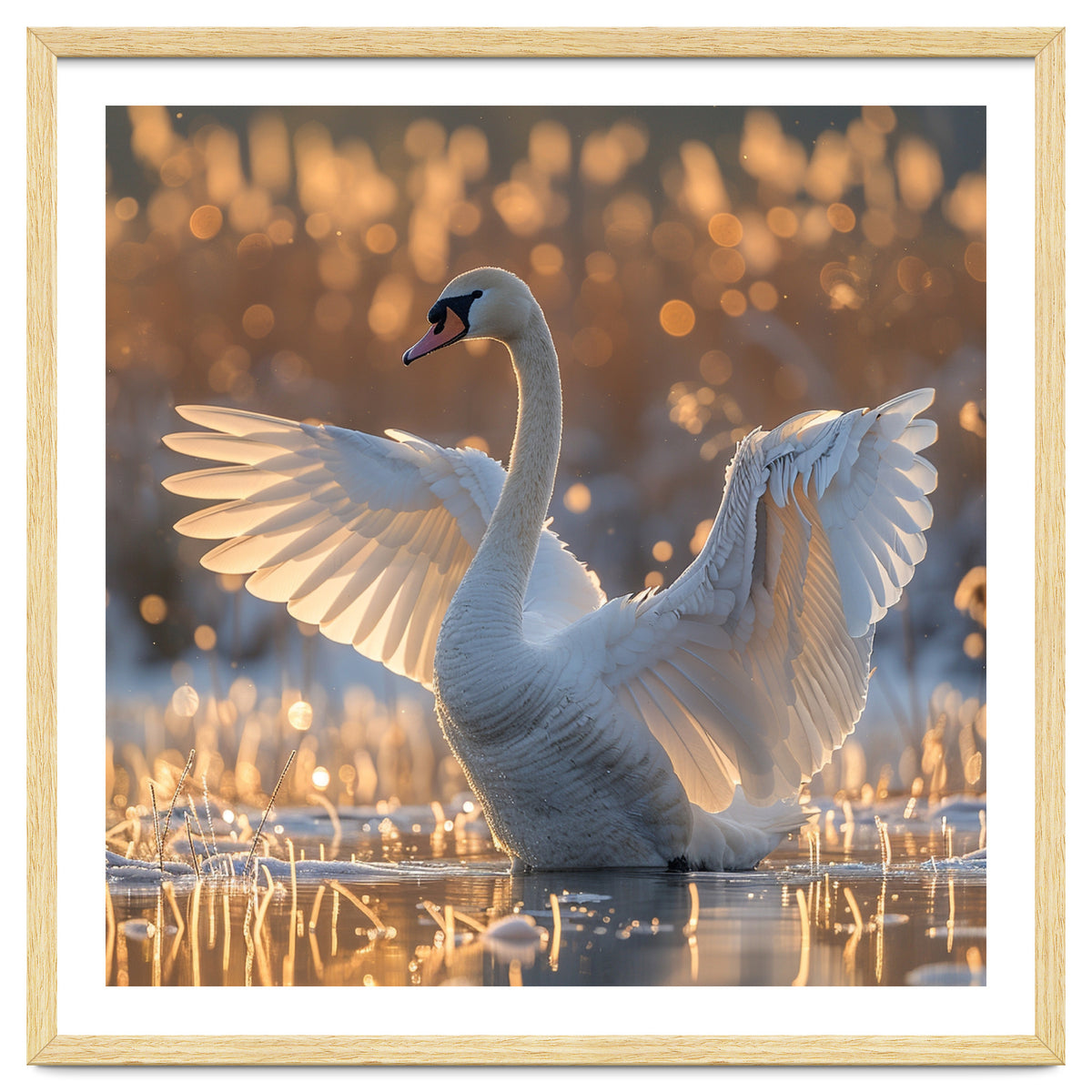 Swan Spreading Wings In Water Sunlight