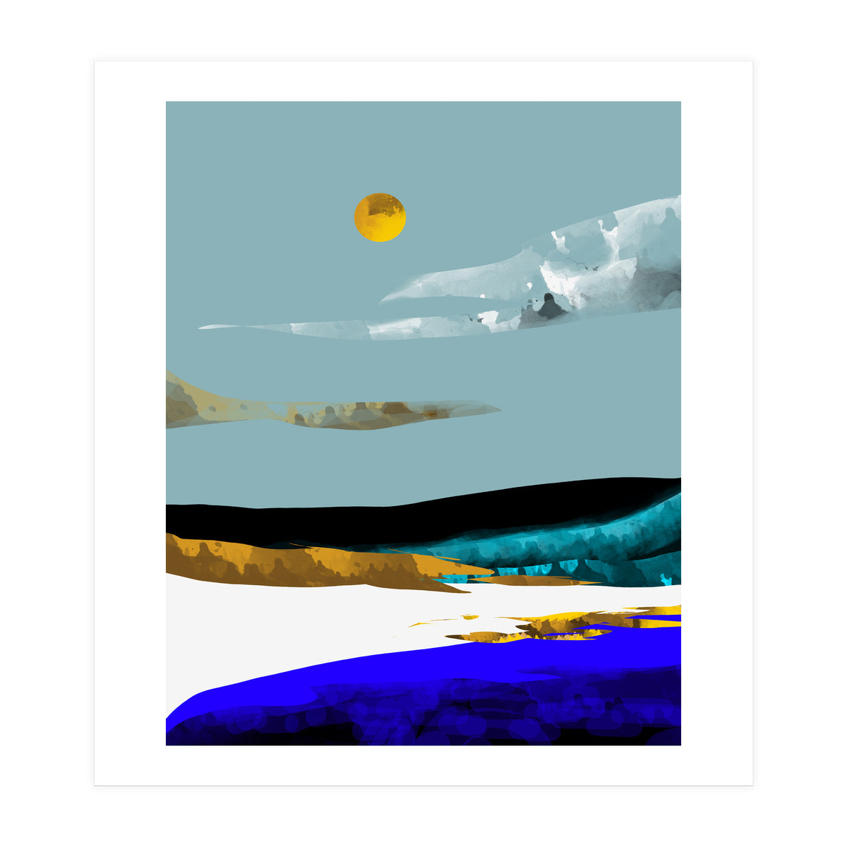 Duality & Intention, Abstract Nature Landscape Adventure Painting, Travel Mountains Sun Sky Scandinavian Clouds (Print Only)