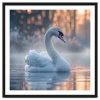 Serene White Swan Gliding On Misty Water