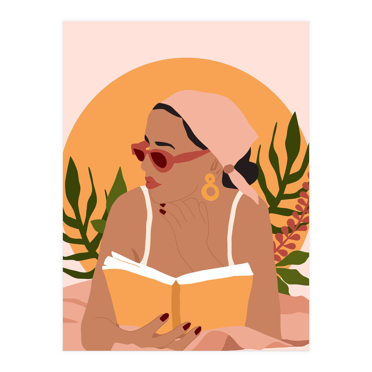 Bohemian Summer, Modern Boho Girl Reader, Books Read Self Care Self Love, Travel Hippie Nomad Black Woman (Print Only)