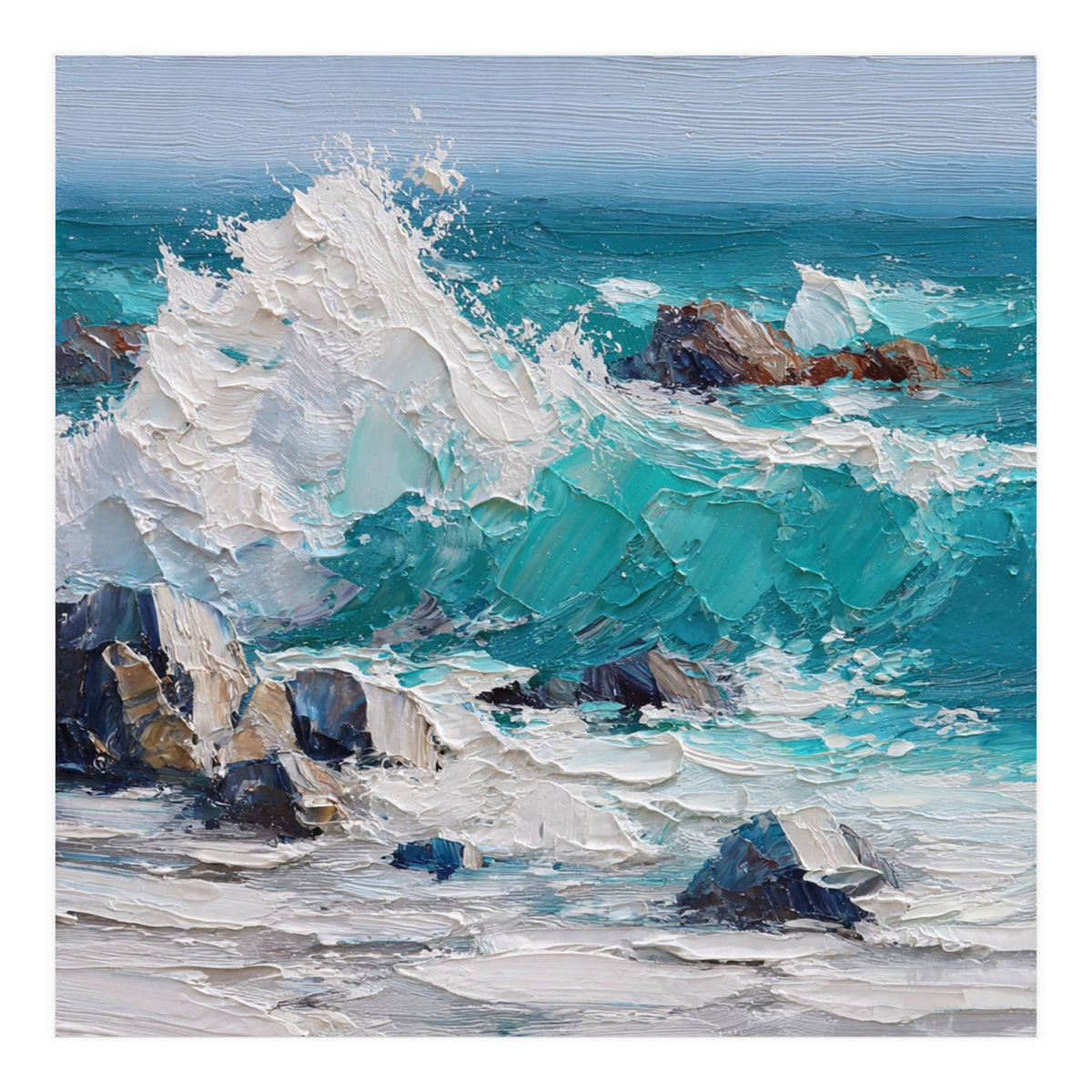 Dynamic Crashing Turquoise Ocean Wave Against Rugged Coastal Rocks (Print Only)