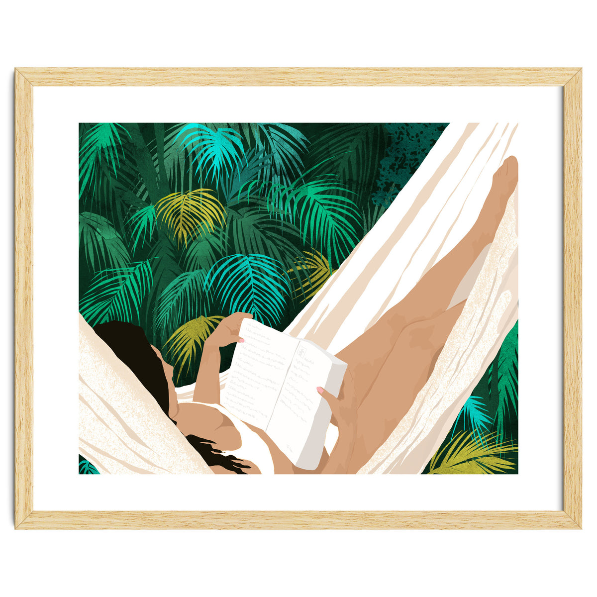 Summer Hammock Reading, Tropical Jungle Travel, Watercolor Nature Bohemian Forest Plants, Palm Beach