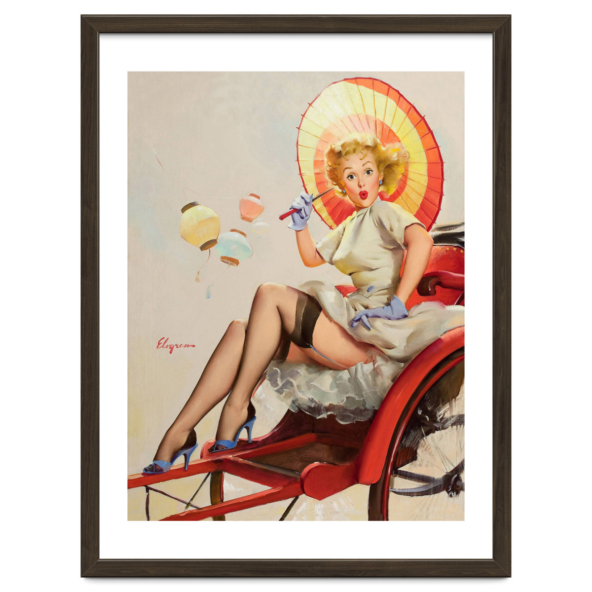 Pinup Girl In Rickshaw Experiencing Sudden Wind