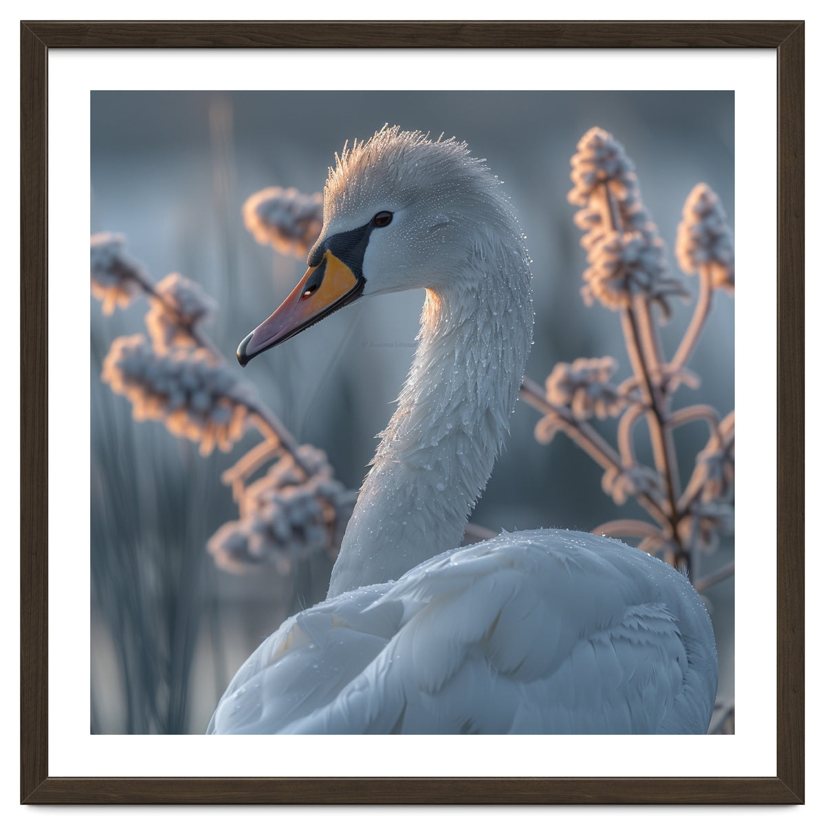 Swan Portrait Dew Drops Morning Light