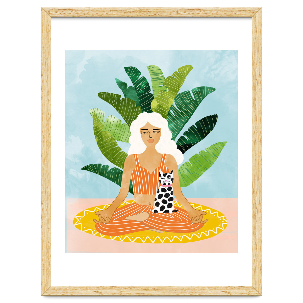 Meditation With Thy Cat Poster | Blonde Woman of Color | Tropical Banana Leaves Quirky Pet Workou