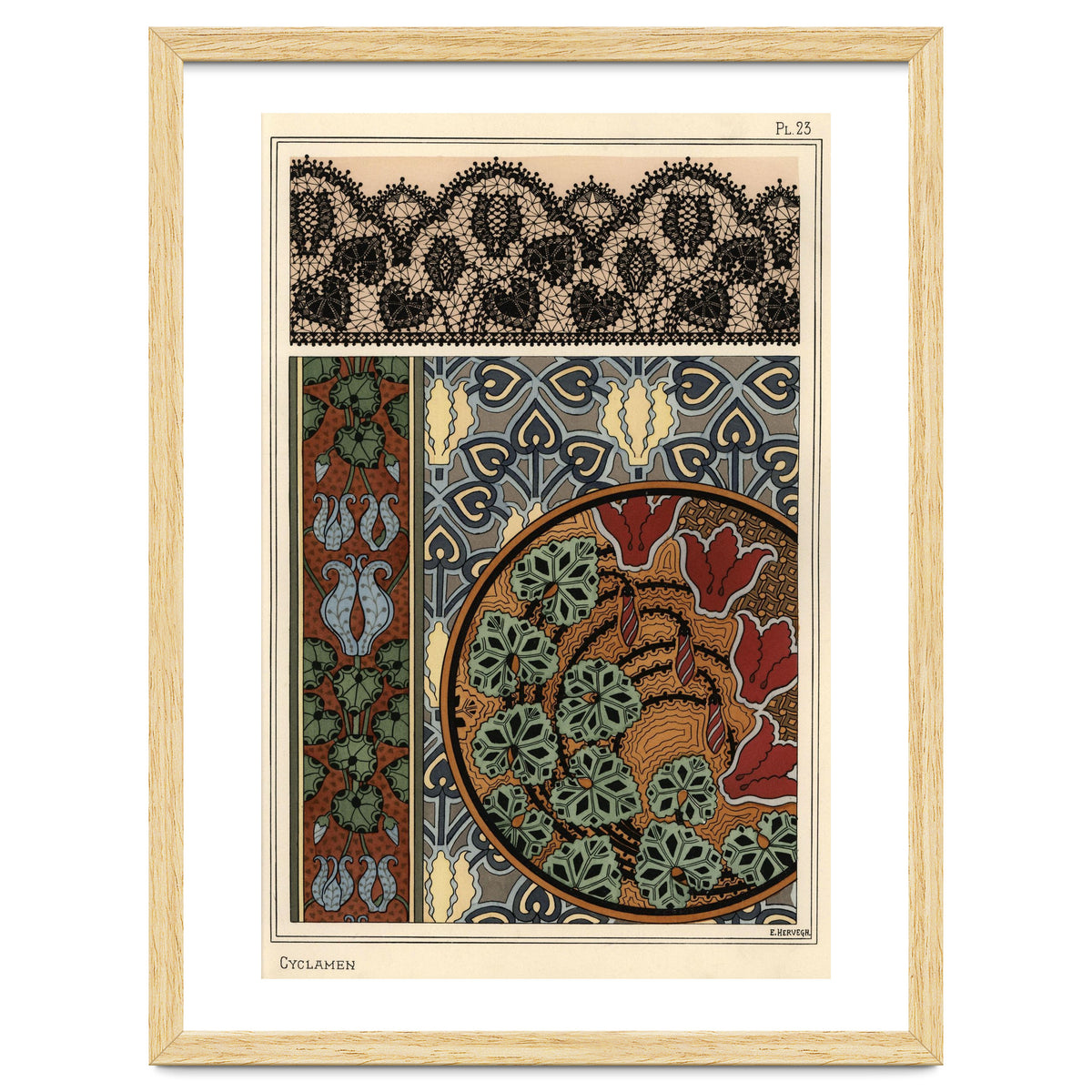 Cyclamen persicum motif in patterns for lace, wallpaper and fabric.