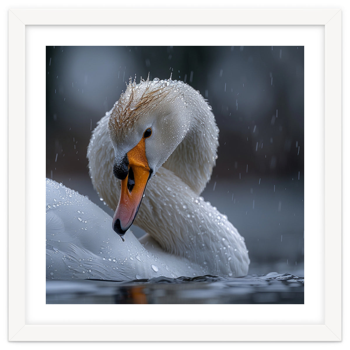 White Swan Bird With Water Droplets In Rain