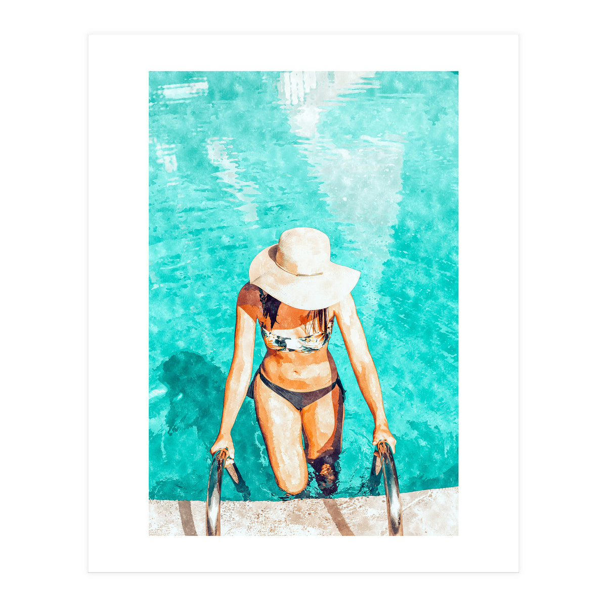 Pool Fashion | Modern Bohemian Woman Swim Watercolor Painting | Contemporary Travel (Print Only)