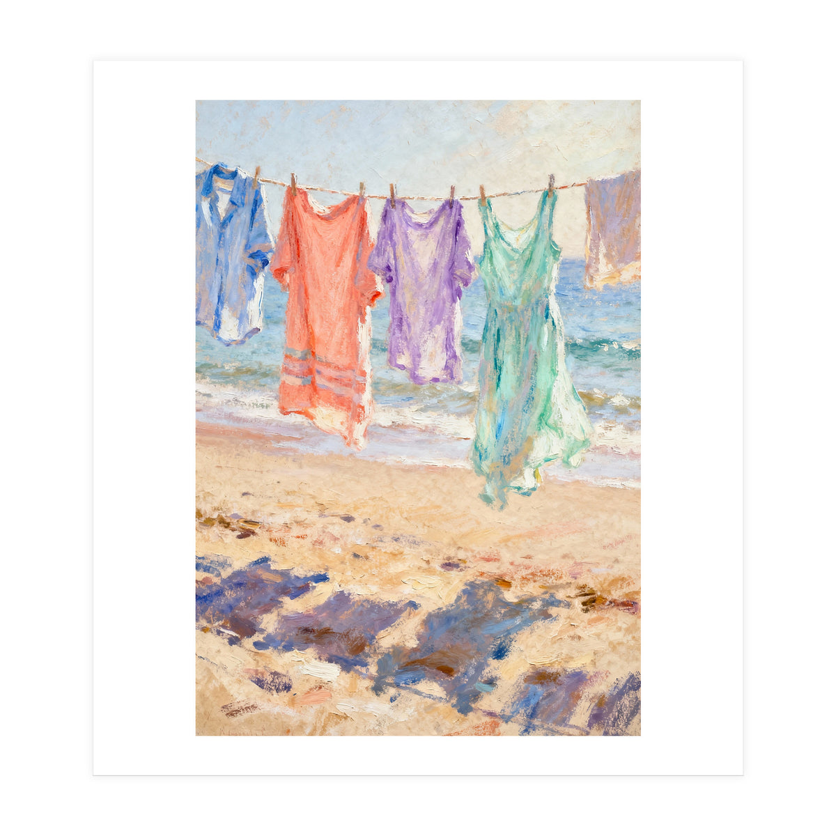 Laundry Drying by the Sea, Colorful Clothes on a Beach Clothesline, Coastal Summer Pastel Painting, Relaxing Ocean Shore Art Print (Print Only)