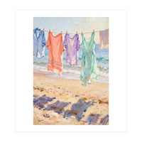 Laundry Drying by the Sea, Colorful Clothes on a Beach Clothesline, Coastal Summer Pastel Painting, Relaxing Ocean Shore Art Print (Print Only)