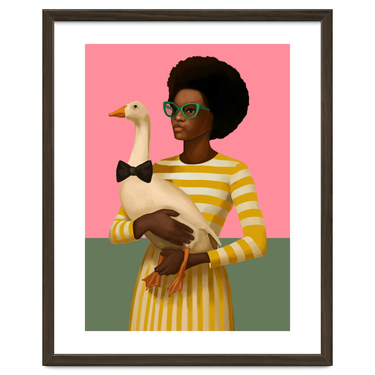 Stylish Woman Holding Goose In Striped Dress