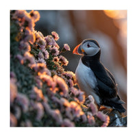Puffin Bird On Rocks Near Pink Flowers At Sunset (Print Only)