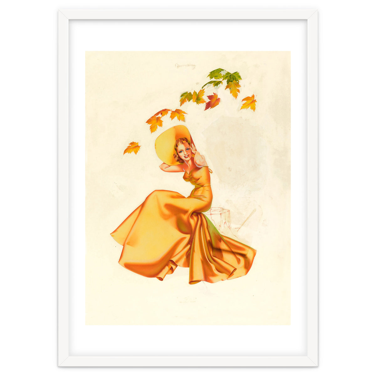 Woman Posing In Yellow Dress And Autumn Leafs