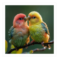 Two Lovebirds Perched On A Branch In Rain (Print Only)