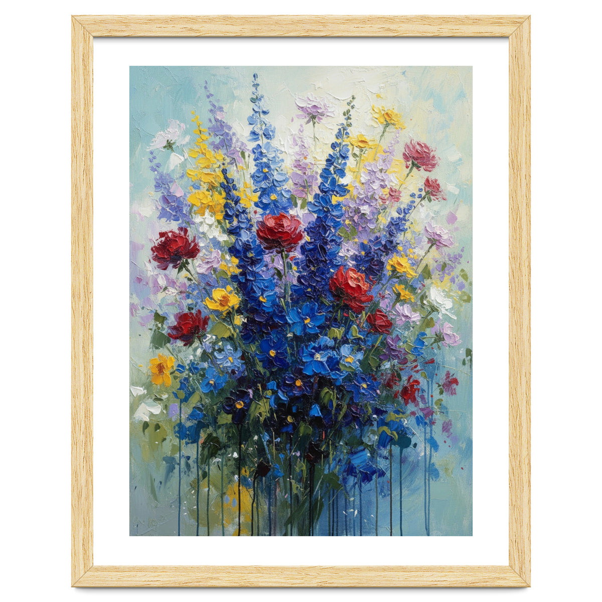 Vibrant Blue Delphinium and Red Rose Heavy Impasto Oil Painting
