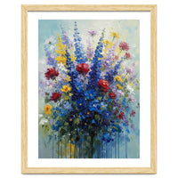 Vibrant Blue Delphinium and Red Rose Heavy Impasto Oil Painting