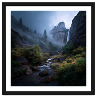 Majestic Misty Mountain Valley with Cascading Waterfall