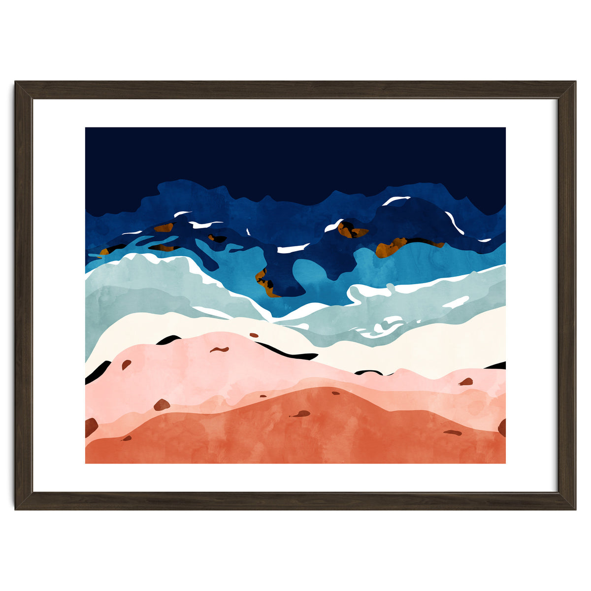 Ocean Heart, Abstract Sea Waves, Tropical Travel Watercolor Painting, Eclectic Bohemian Beach Nature