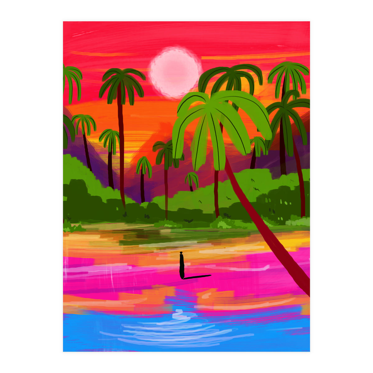 My Shadow & I, Sunset Painting Lake Beach Seashore, Tropical Nature Landscape Colorful Bohemian Traditional, Travel Concept Companion (Print Only)