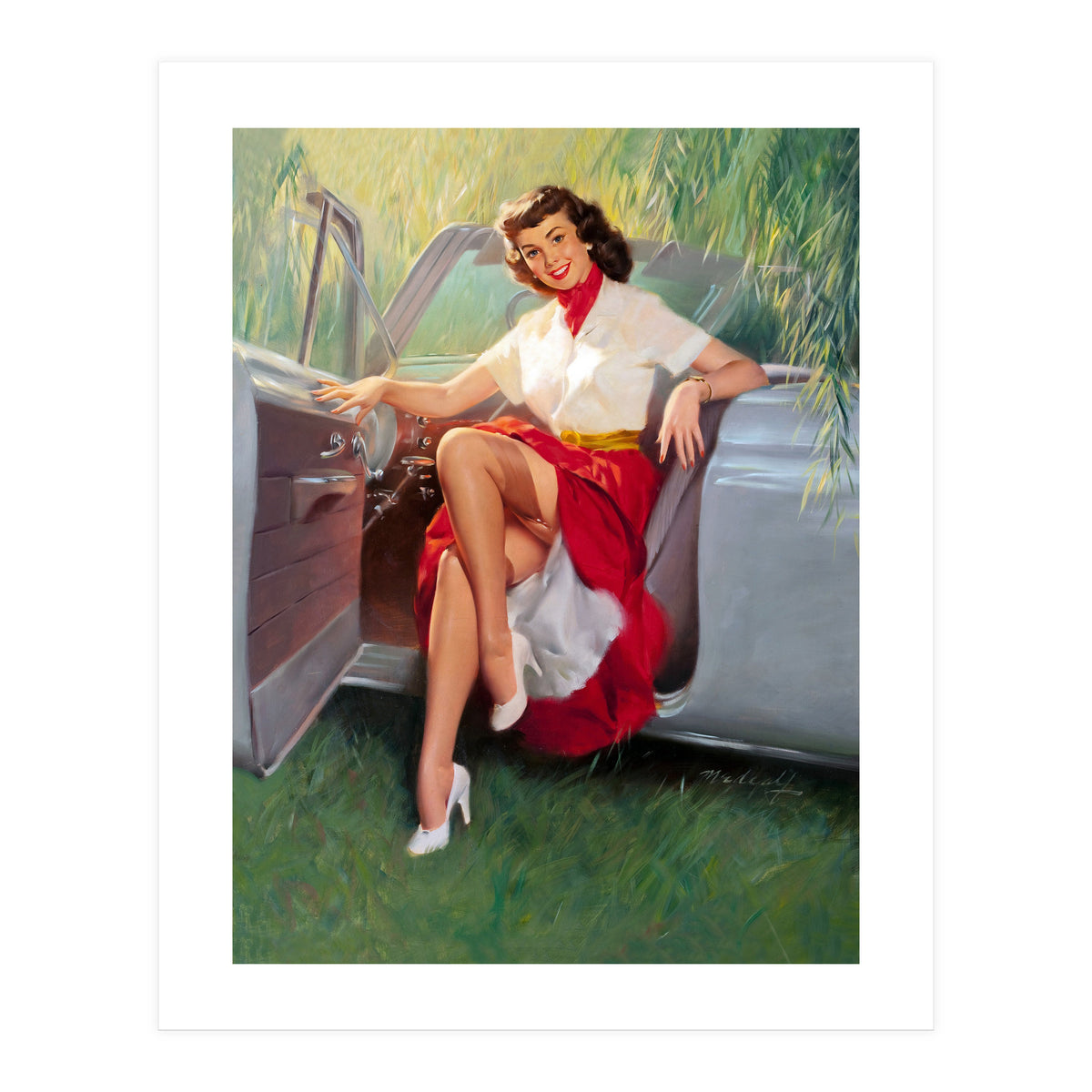 Sexy Pinup Woman Posing In Convertible Car (Print Only)