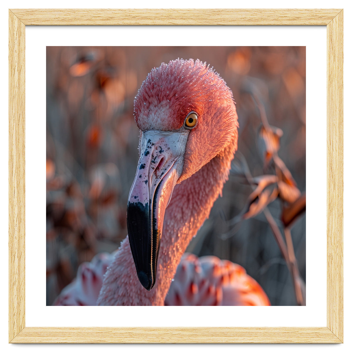 Close Up Of A Pink Flamingo Head In Sunlight