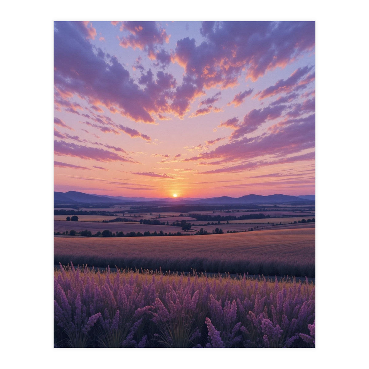 Serene Lavender Fields at Golden Hour Sunset (Print Only)