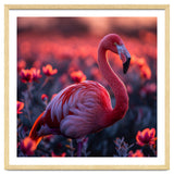 Pink Flamingo Bird Standing Among Flowers At Sunset thumbnail