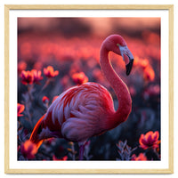 Pink Flamingo Bird Standing Among Flowers At Sunset
