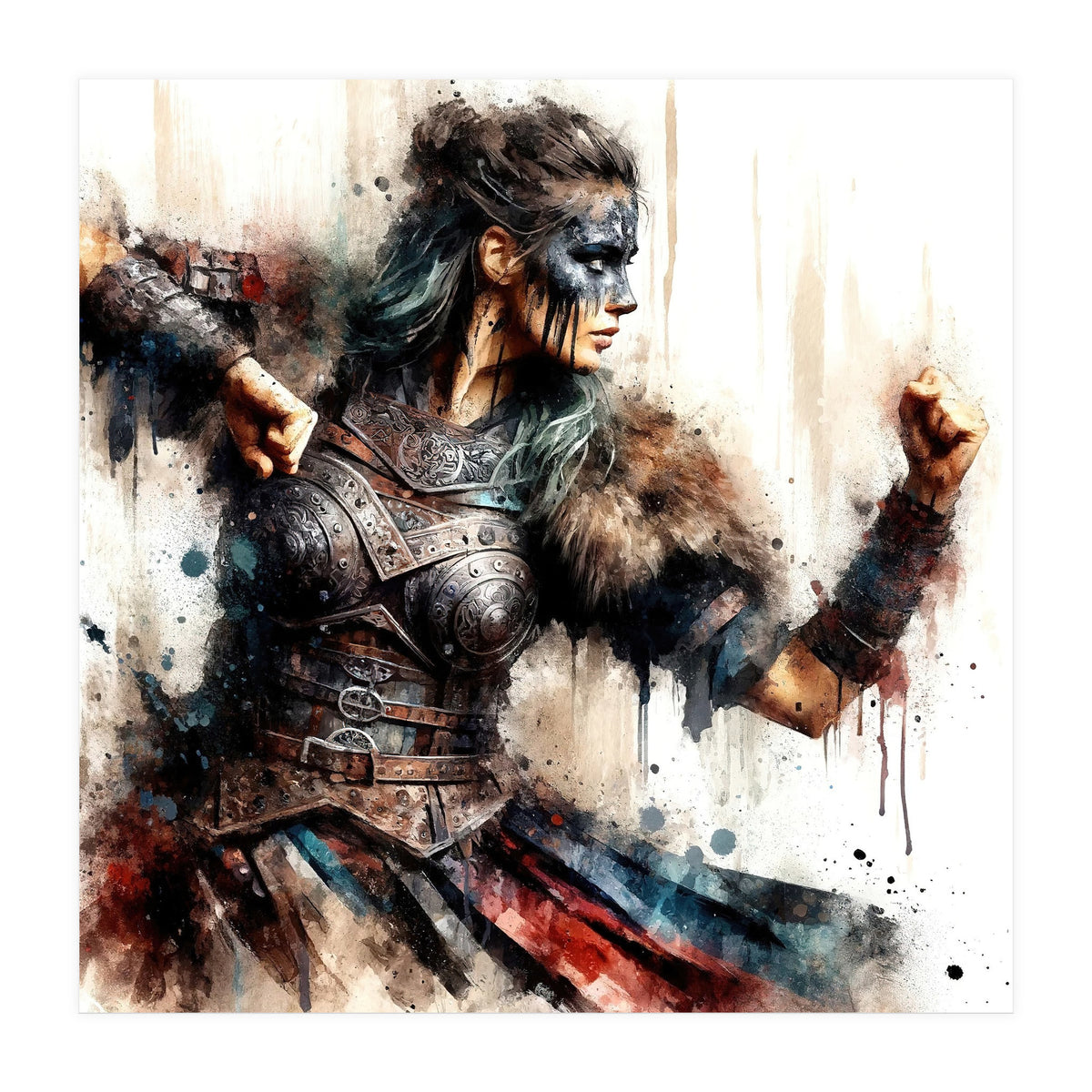 Viking Warrior Woman Watercolor Portrait (Print Only)
