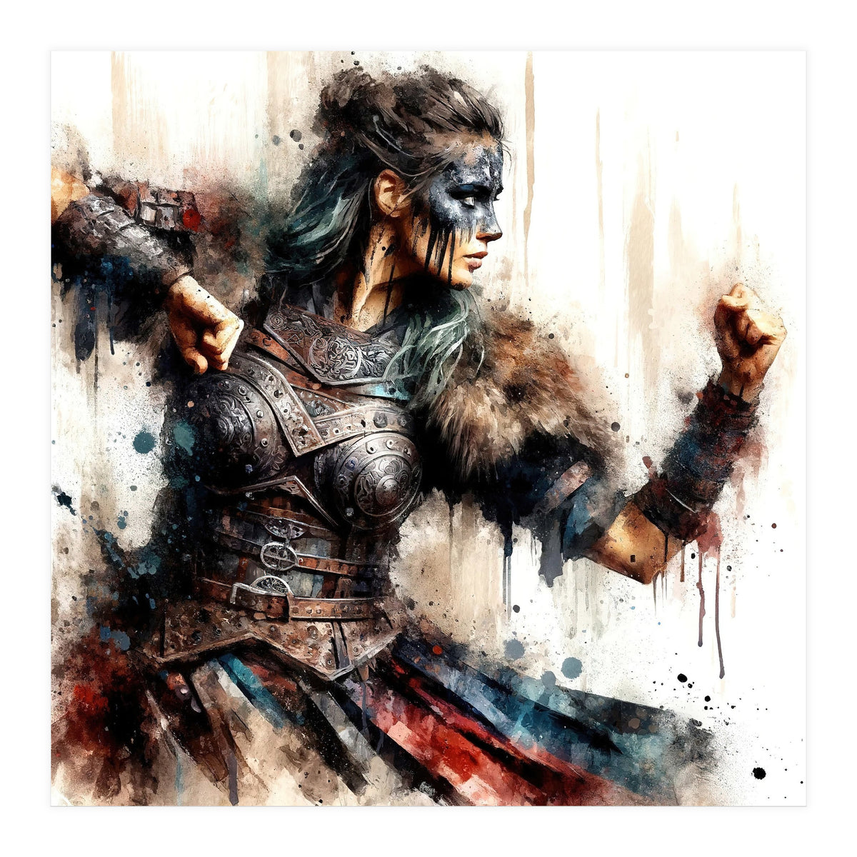 Viking Warrior Woman Watercolor Portrait (Print Only)