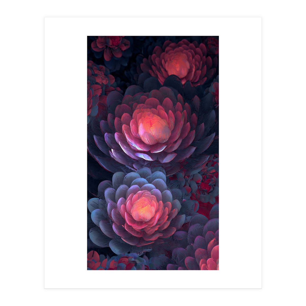 Ethereal Neon Blooms: Intricate 3D Floral Fractal Art (Print Only)