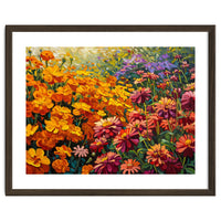 Radiant Summer Zinnia and Marigold Meadow Oil Painting