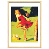 Pinup Girl In Red Dress Crossing The Barbed Wire While Looking At The Bull thumbnail