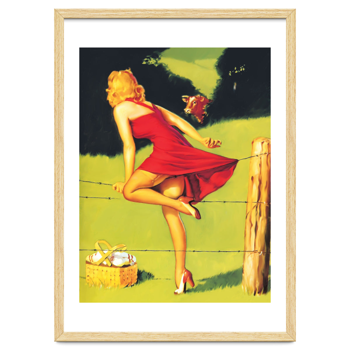 Pinup Girl In Red Dress Crossing The Barbed Wire While Looking At The Bull