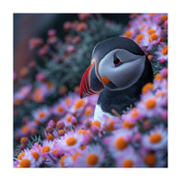 Puffin Bird Among Pink Flowers  (Print Only)