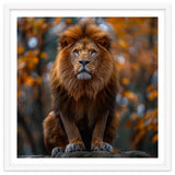 Majestic Lion Sitting On A Rock In Autumn Forest thumbnail
