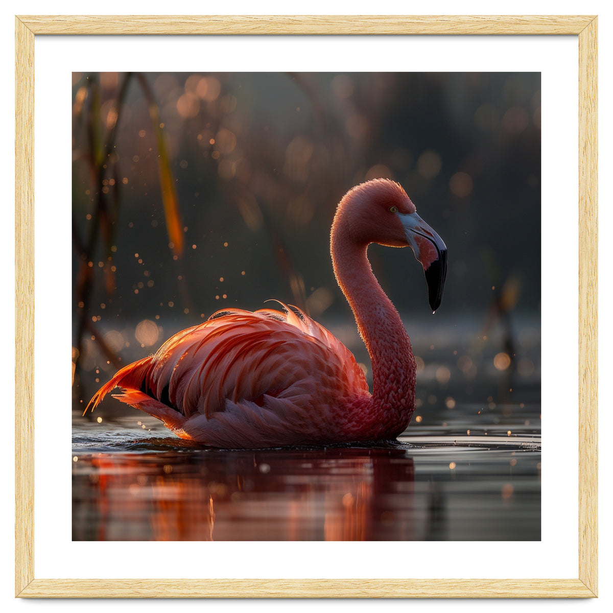 Pink Flamingo Swimming In Sunlight Water