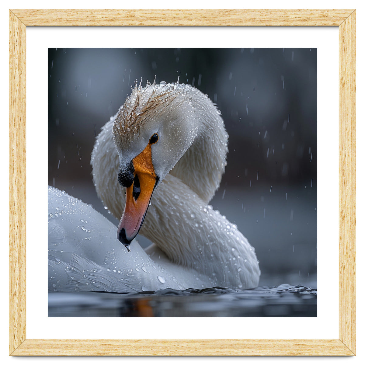 White Swan Bird With Water Droplets In Rain