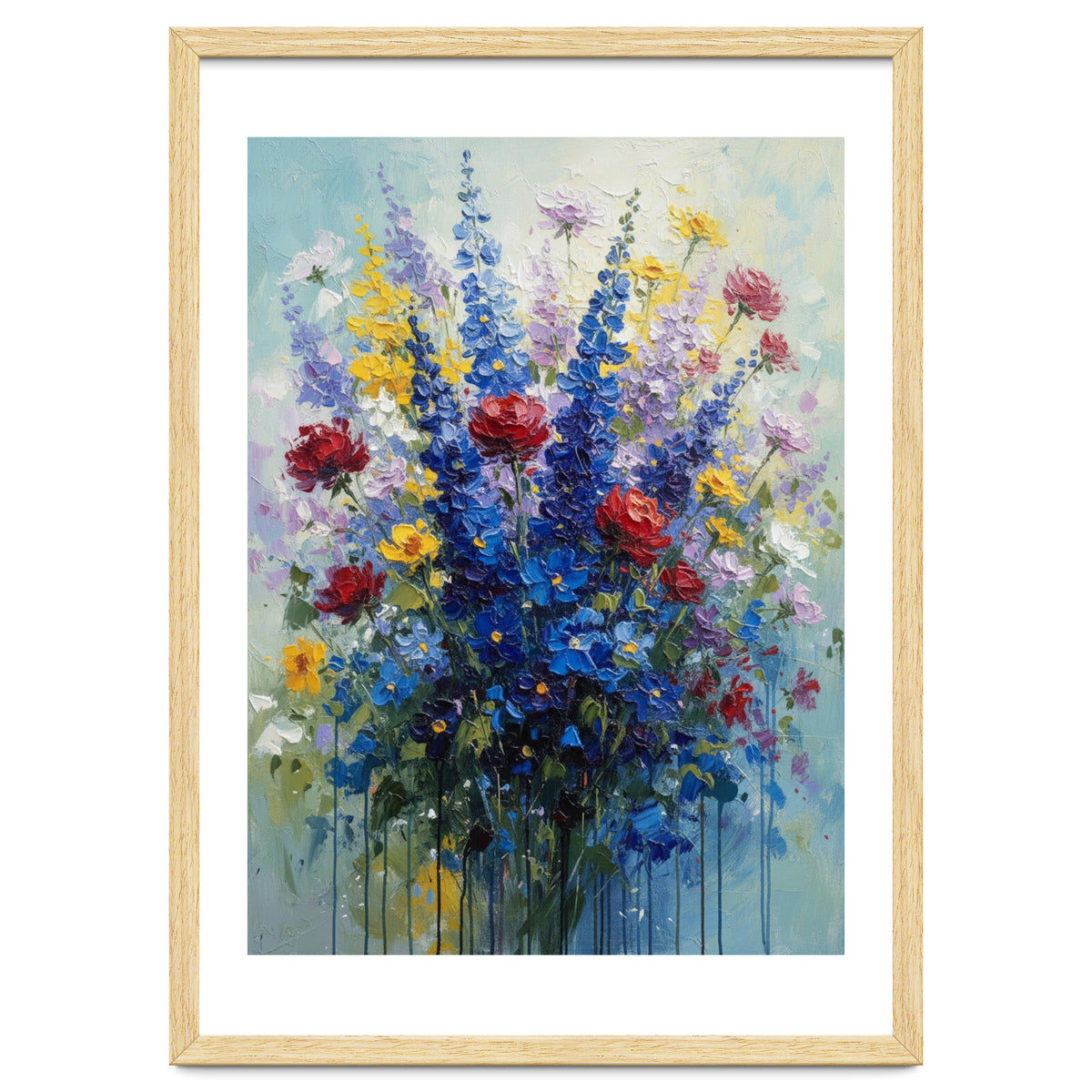 Vibrant Blue Delphinium and Red Rose Heavy Impasto Oil Painting