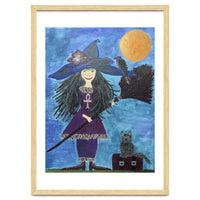 Cassandra, the Little Witch, with Merlin, the cat, and Circe, the Raven