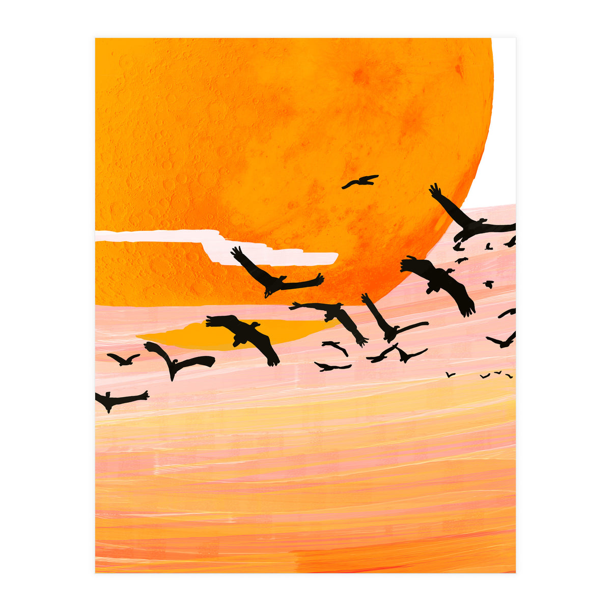 Time Flies, Birds Wildlife Fly Freedom Nature, Sun Sunset Sunrise Positivity Hope Painting, Growth Migrate Gift Animals Blush Sky Bohemian (Print Only)