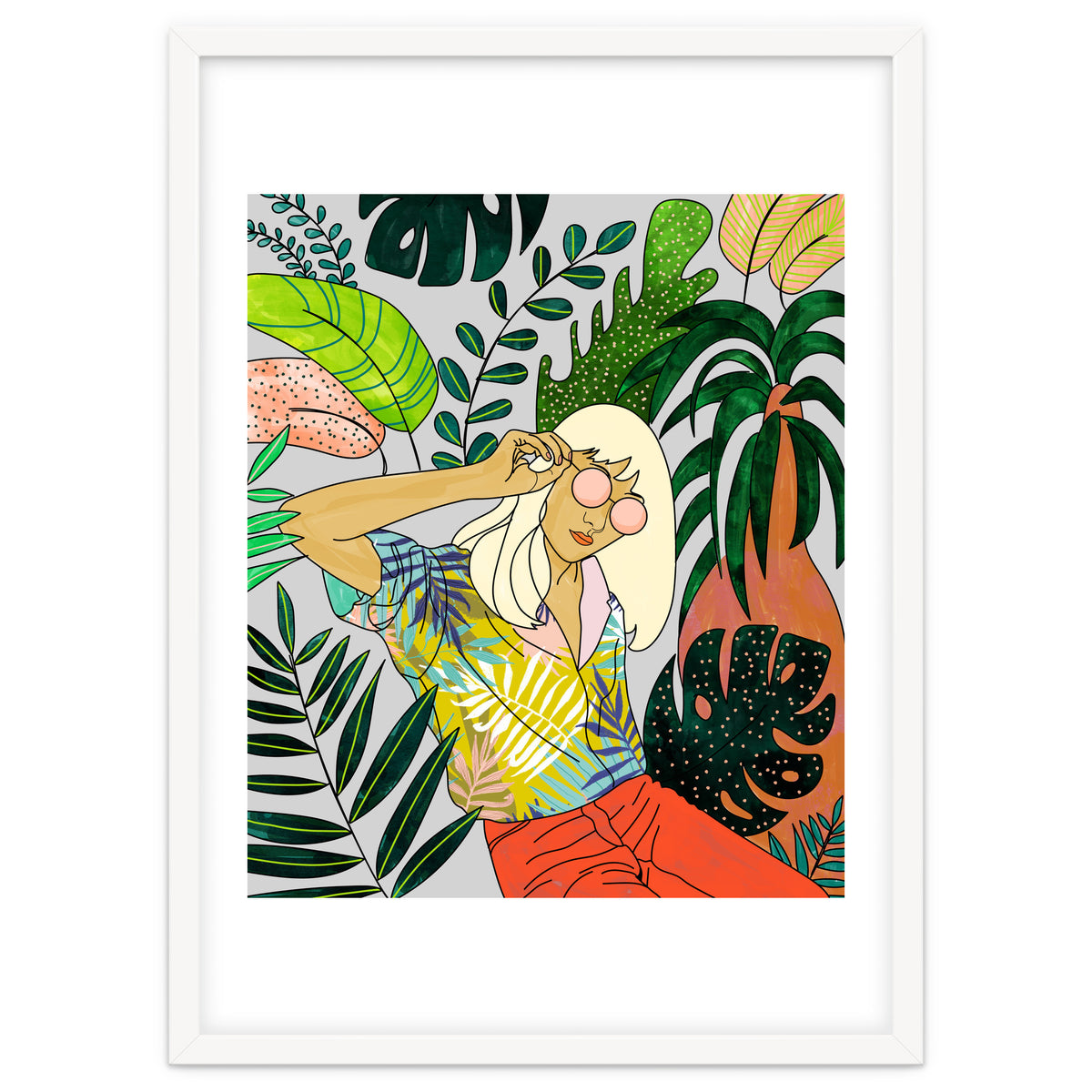 Spring Break, Tropical Bohemian Travel Line Art, Woman Fashion Palm Forest Jungle Watercolor Nature