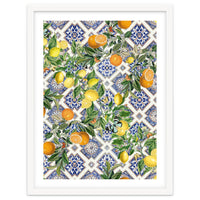 Blue Mediterranean tiles, lemons and oranges fruit